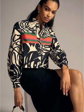 FARM Rio Cropped Abstract Button-Down with Green & Red Stripes